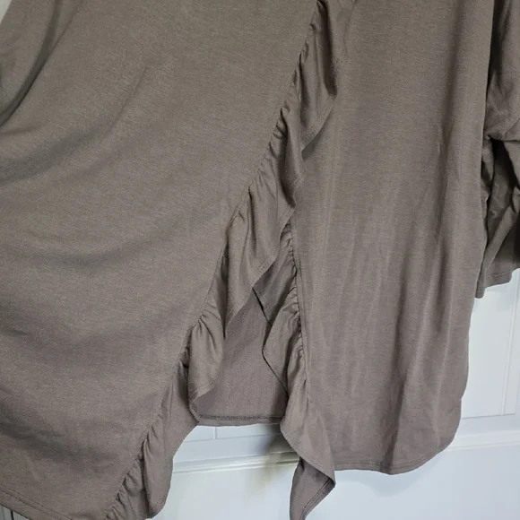 Three Bird Nest Taupe Ruffled Blouse - Picture 2 of 6